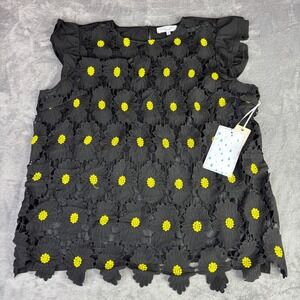 Sweet Rain Floral Lace Blouse Women 2X Black Yellow Daisy Flutter Sleeve TP42372